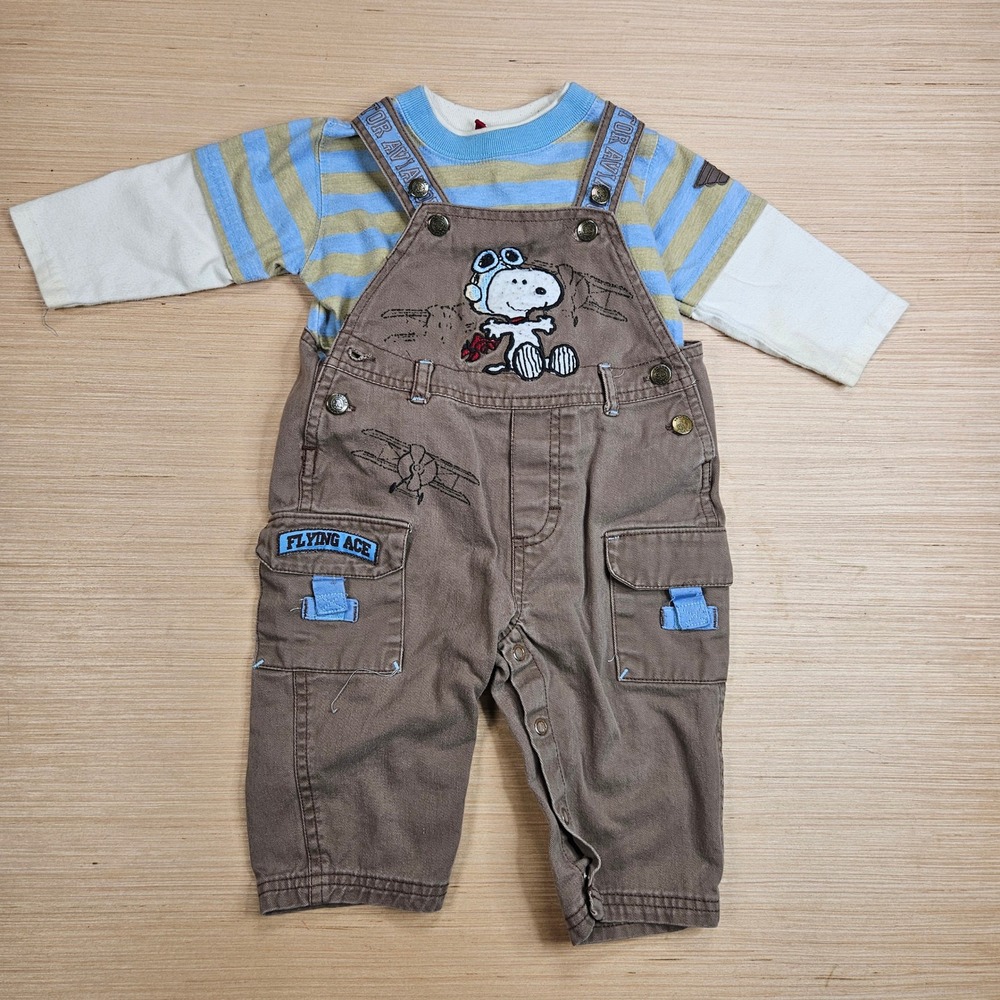 Vintage Y2K Snoopy Flying Ace Overalls Set Baby 12M Brown Aviator Peanuts